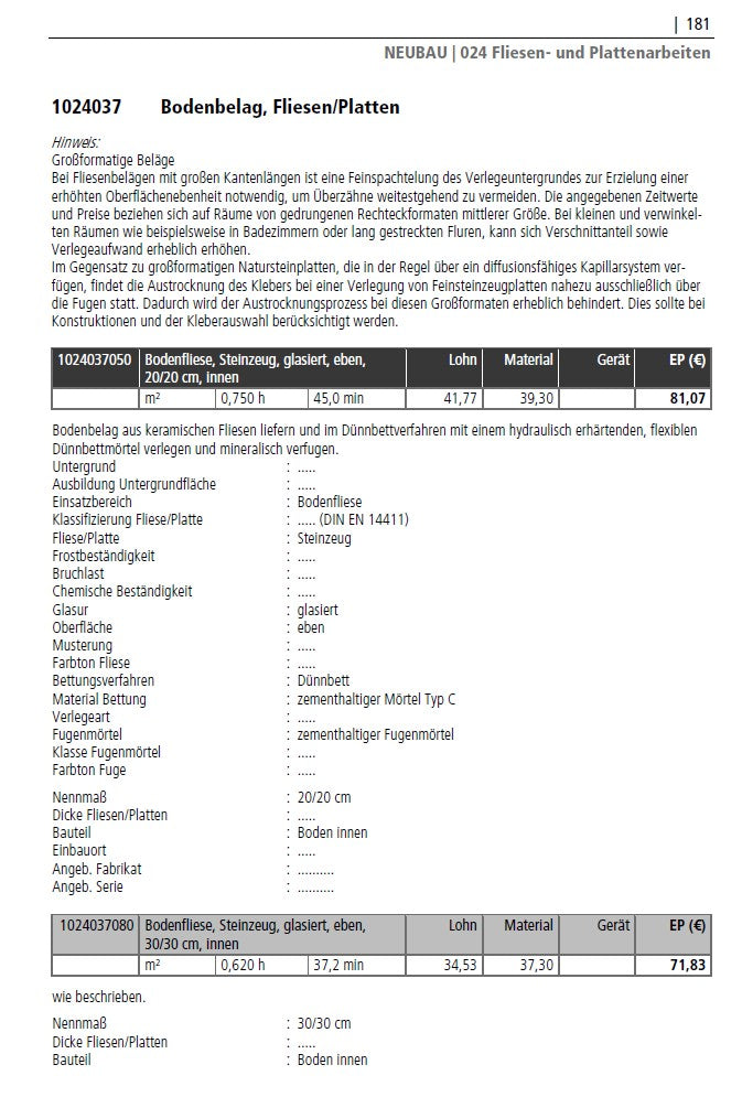 SIRADOS  Kalkulationshandbuch Fliesen und Bodenleger 2026